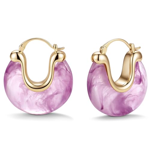 Chunky Gold Resin Hoop Earrings Leverback Statement Huggie Hoops Dangle Drop Dressy Earring Prom Festival Vacation Jewelry for Women - color: Purple, size: Drop