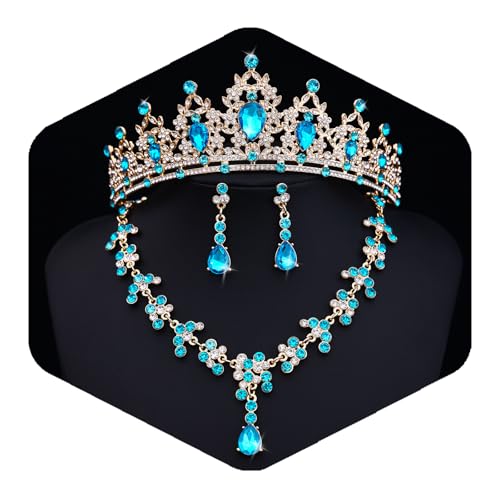 Crystal Crown and Tiara Jewelry Set for Women Bride with Necklace Earrings | Metal Rhinestone Royal Queen Princess Jewelry Set Wedding Quinceanera Pageant Prom Birthday Halloween Party Costume Gift - color: Light Blue