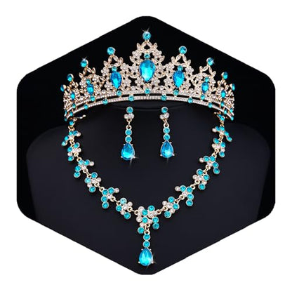 Crystal Crown and Tiara Jewelry Set for Women Bride with Necklace Earrings | Metal Rhinestone Royal Queen Princess Jewelry Set Wedding Quinceanera Pageant Prom Birthday Halloween Party Costume Gift - color: Light Blue