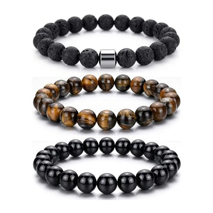Natural Stone Beaded Bracelet for Men Women Boho Adjustable - color: Dark 3-Piece Set