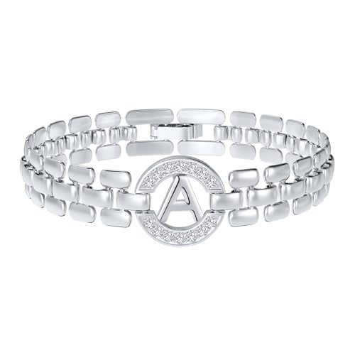 WEDDINEN Initial Bracelets for Women, 14K Gold Plated Letter A-Z Bracelets with Diamonds,Thick Chain Bracelet for Women trendy Jewelry Gifts - color: Silver-A