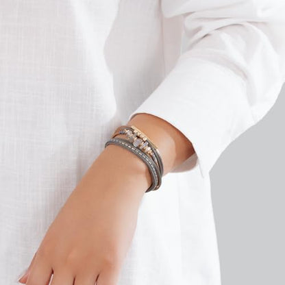 Boho Gemstone Beaded Leather Wrap Bracelets Stackable Chunky Cuff Bracelet Western Jewelry Cowboy Chic Country Concert Outfits for Women - color: Grey