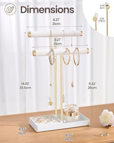 Lolalet 2-Tier Necklace Holder Display, Jewelry Stand with Ring Tray -White | Velvet Wrapped Jewelry Organizer, Tall Bracelet Stand for Bangles Watches Earrings, Gifts for Mom Girls Women Mother's Day - color: White