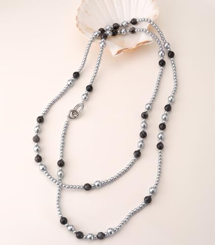 Long Beaded Necklaces for Women Pearl Stone Bead Strand - Layered Sweater Chain Elegant Mother's Day Jewelry Gifts - color: Grey