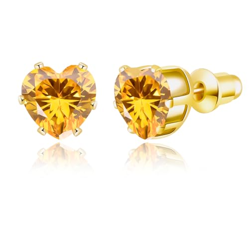 8mm Heart-Cut Birthstone Stud Earrings for Women – 18K Gold Plated Hypoallergenic Cubic Zirconia Earrings, Nickel Free, 12 Months Colors, Everyday Jewelry, Gift for Her, Bridal, Birthday, Christmas - color: 11 Nov golden