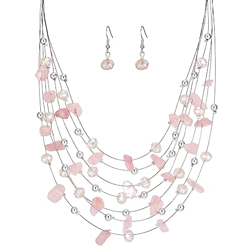 Multi-Layer Boho Shell Beaded Necklace for Women Colorful Crystal Strand with Silver Beads Statement Collars Necklace and Earrings Costumes Jewelry Sets for Women - color: 48-Pink