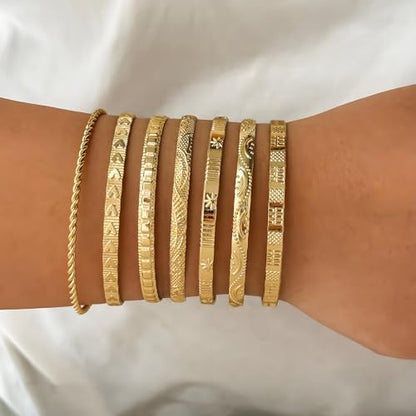 14k Gold-plated multi-layer stackable cuff Bracelet Sets for Women Adjustable Bohemian Open Bangle-Bracelets - color: 14k gold