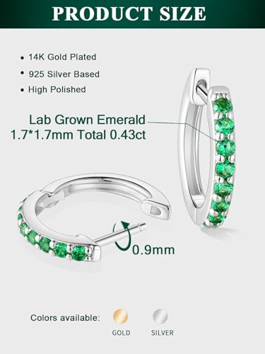 Chunky Emerald Sapphire Ruby Hoop Earrings, Princess or Round Cut, 14k Yellow Gold Plated Sterling Silver Cubic Zirconia Huggie Earings Minimalist Hoops Earrings for Women Wedding Daily Birthday - style: Round cut -Emerald -Silver