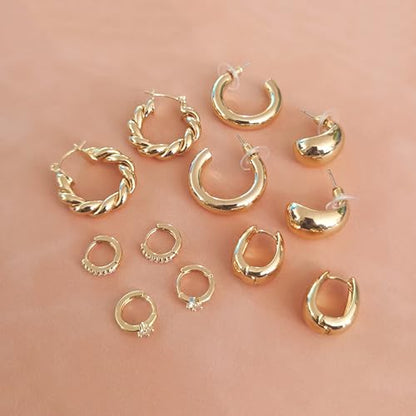 6 Pairs Gold Hoop Earrings for Women, 14K Gold Plated Huggie Hoop Earrings Set Hypoallergenic Lightweight Chunky Open Hoops Jewelry for Gift - color: Gold hoops