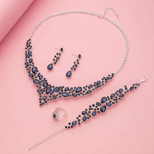 Paxuan Crystal Bridal Wedding Jewelry Sets for Women Rhinestone Teardrop Crystal Statement Choker Necklace Drop Earrings Link Bracelets Rings Teardrop Jewelry Set for Brides Bridesmaids - color: Silver Plated Sapphire Blue Crystal