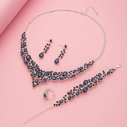Paxuan Crystal Bridal Wedding Jewelry Sets for Women Rhinestone Teardrop Crystal Statement Choker Necklace Drop Earrings Link Bracelets Rings Teardrop Jewelry Set for Brides Bridesmaids - color: Silver Plated Sapphire Blue Crystal