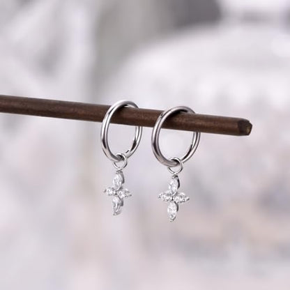 Ourania 16G Gold Stainless Steel Zircon Dangle Huggie Hoop Rook Piercing Helix Hoop Earring Tragus Hoop Cartilage Piercing for Women - color: Flower Silver 2PCS, size: 1.2*8mm 2pcs
