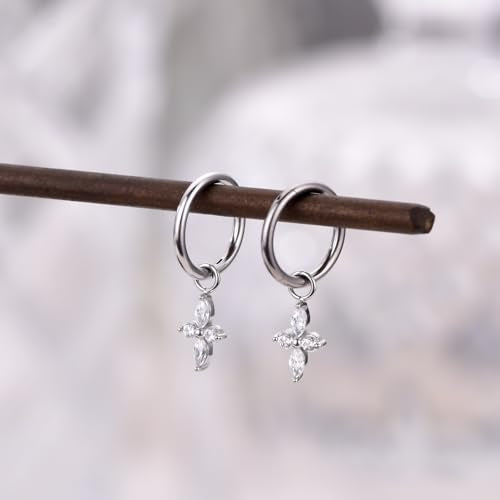 Ourania 16G Gold Stainless Steel Zircon Dangle Huggie Hoop Rook Piercing Helix Hoop Earring Tragus Hoop Cartilage Piercing for Women - color: Flower Silver 2PCS, size: 1.2*6mm 2pcs