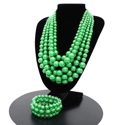 Faux Big Pearl Srand Necklaces for Women 5 Layers Pearls Choker Bib Collar Necklace Bracelet and Earrings set 1920s Costume Pearl Jewelry Bridal Wedding - color: green