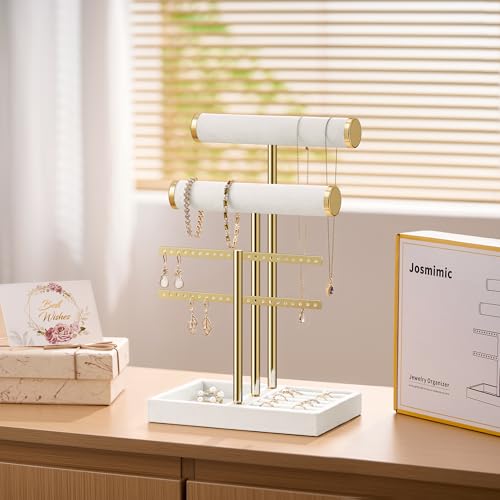 Bracelet Holder Jewelry Organizer Display - 3 Tier T Bar Velvet Stand, Black Jewelry Storage for Bracelet, Necklaces, Earrings, Rings, Watches - color: White