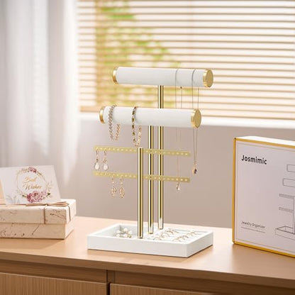 Bracelet Holder Jewelry Organizer Display - 3 Tier T Bar Velvet Stand, Black Jewelry Storage for Bracelet, Necklaces, Earrings, Rings, Watches - color: White