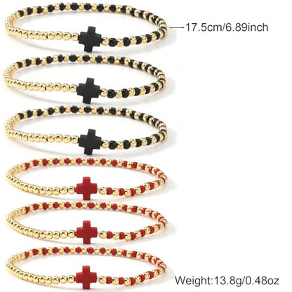 Gold Beaded Bracelets for Women Stackable Boho Gold Plated Colorful Seed Beads Ball Cross Bracelets Stack Elastic Stretch Trendy Jewelry Accessories Non Tarnish Friendship Christian Gift - color: Red Black