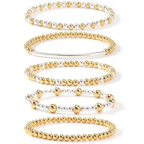 14K Gold Plated Beaded Bracelets Stack Set for Women,Stretch Boho Ball Jewelry Friendship Trendy - color: Gold silver