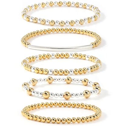 14K Gold Plated Beaded Bracelets Stack Set for Women,Stretch Boho Ball Jewelry Friendship Trendy - color: Gold silver