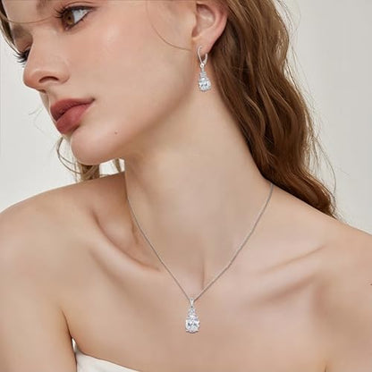 Cubic Zirconia Jewelry Set for Women 925 Sterling Silver Oval Cut Necklace Dangle Drop Leverback Earrings April Birthstone Jewelry for Her