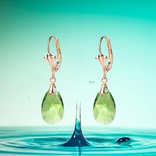 Austrian Crystal Teardrop Leverback Dangle Earrings for Women Fashion 14K Gold Plated Hypoallergenic Jewelry - color: Green