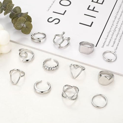 FAXHION 12PCS Gold Stackable Rings Set for Women, 18K Gold Plated Open Stacking Knuckle Ring, Adjustable Chunky Signet Band Statement Ring for Gift - color: 1-Silver-12pcs