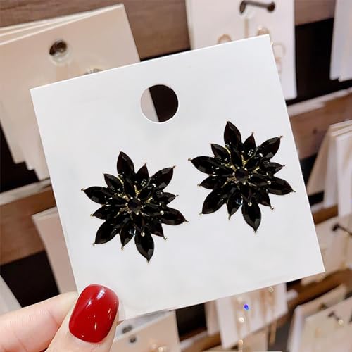Crystal Flower Burst Stud Earrings Large Big Sparkly CZ Cubic Rhinestone Floral Cluster Flower Stud Earrings Bridal Wedding Party - color: Black