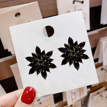 Crystal Flower Burst Stud Earrings Large Big Sparkly CZ Cubic Rhinestone Floral Cluster Flower Stud Earrings Bridal Wedding Party - color: Black