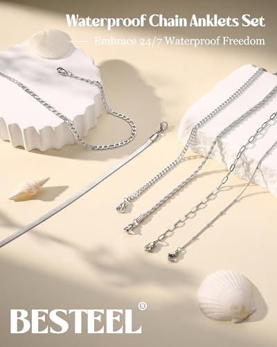 Besteel Ankle Bracelets for Women Waterproof 14K Gold Plated Anklets Set | Non Tarnish Stainless Steel, Plus Size Adjustable 8-12 Inch, Hypoallergenic Layered Cuban Link Chain Summer Foot Jewelry Gift - style: 6 Pcs Steel Cuban-8.5+2.5 Inch