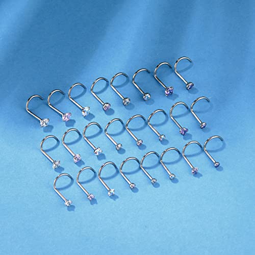 8PCS G23 Titanium Twist Screw Nose Studs 18G 20G Nose Rings 2mm 2.5mm 3mm Clear Pink Purple Aurora CZ Gold Nose Piercing Studs Nostril for Women Men - style: 20g silver mix-color cz 2mm