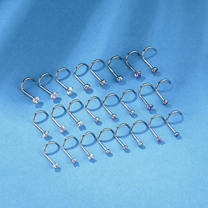 8PCS G23 Titanium Twist Screw Nose Studs 18G 20G Nose Rings 2mm 2.5mm 3mm Clear Pink Purple Aurora CZ Gold Nose Piercing Studs Nostril for Women Men - style: 20g silver mix-color cz 2mm