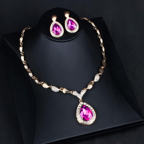 Womens Luxury Africa Dubai 18k Gold Plated Jewelry Sets Wedding Rhinestone Crystal Bib Statement Necklace Earrings Set for Brides Party Prom - color: Hot pink