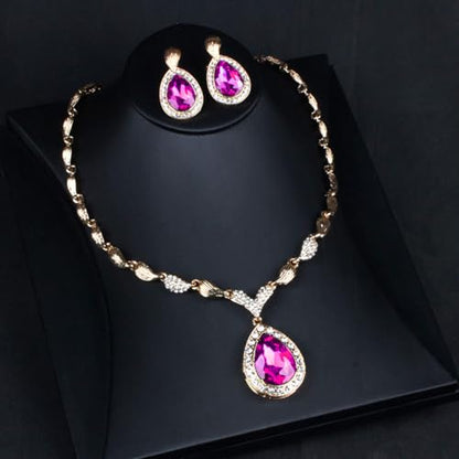 Womens Luxury Africa Dubai 18k Gold Plated Jewelry Sets Wedding Rhinestone Crystal Bib Statement Necklace Earrings Set for Brides Party Prom - color: Hot pink