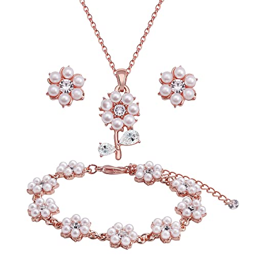 Bridesmaid Jewelry Set for Wedding, 18K Gold or Rose Gold or Silver Plated Flower Pendant with Simulate Pearl Necklace Earring Bracelet Set for Women Gift - color: ROSE GOLD - 1 SET