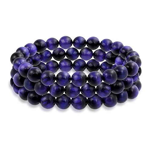 Bling Jewelry Genuine 8MM Gemstone Ball Bead Stretch Bracelet Stackable (3 Set) - color: Purple Tigers Eye