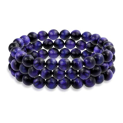 Bling Jewelry Genuine 8MM Gemstone Ball Bead Stretch Bracelet Stackable (3 Set) - color: Purple Tigers Eye
