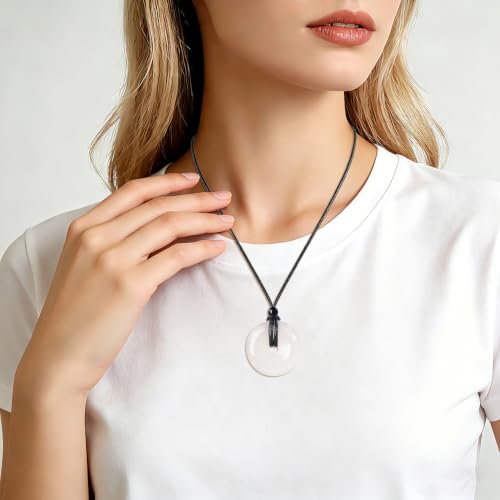Anjiucc Natural Gemstone Pendant Necklce Lucky Coin Crystal Necklace Donut Pendnat with Adjustable Rope Healing Crystal for Men - color: White Chalcedony