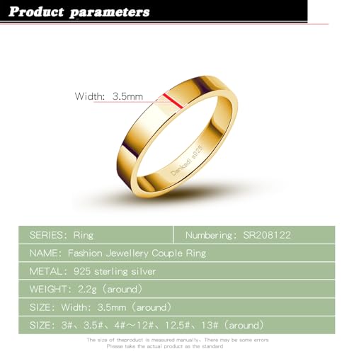 Dankadi Simple Fashion S925 Sterling Silver Ring Smooth Plain Dome Comfort Solid Silver Wedding Ring For Men & Women 3.5 mm 3-13# 24k Real Gold Plated Jewelry - color: Classic Gold
