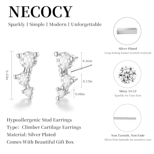 Ear Climber Earrings for Women, 14K Gold Plated/Silver Plated | Crawler Earrings Pierced with Cubic Zirconia, Hypoallergenic Cluster Stud Tragus Conch Daith Cartilage Jewelry Gift for Daily - color: Silver-3
