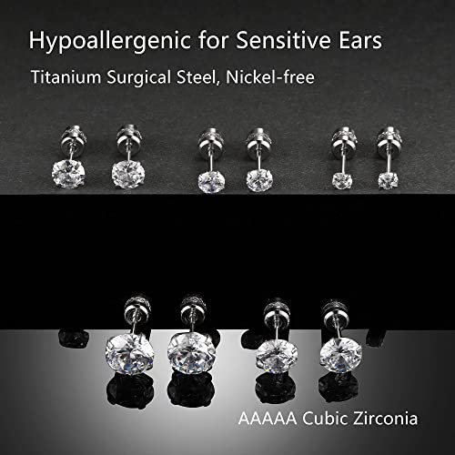Titanium Surgical Steel CZ Screw Back Stud Earrings Set Hypoallergenic | Cubic Zirconia, Stainless Steel, Mens, Small, Dainty, Silver, Hypoallergenic for Sensitive Ears, Lobe, Cartilage, Helix - color: Round Clear - 3/4/5/6/7mm