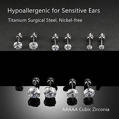 Titanium Surgical Steel CZ Screw Back Stud Earrings Set Hypoallergenic | Cubic Zirconia, Stainless Steel, Mens, Small, Dainty, Silver, Hypoallergenic for Sensitive Ears, Lobe, Cartilage, Helix - color: Round Clear - 3/4/5/6/7mm