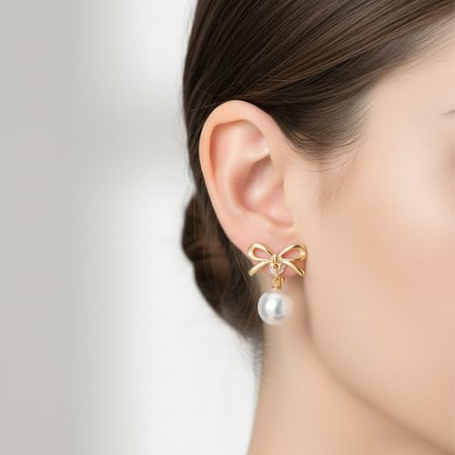 Lusofie Gold Pearl Clip On Earrings for Women Bow Pearl Drop Clip Earrings | Lightweight Non Pierced Hoop Ear Clips for Wedding Bridal