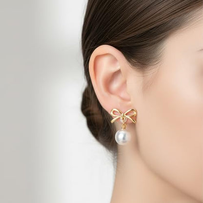 Lusofie Gold Pearl Clip On Earrings for Women Bow Pearl Drop Clip Earrings | Lightweight Non Pierced Hoop Ear Clips for Wedding Bridal
