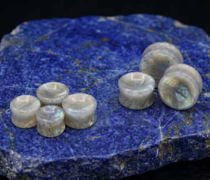 Pair of White Labradorite Stone Saddle Plug Double Flare Ear Lobe Plugs E604A - size: 11/16 Inch (18mm)
