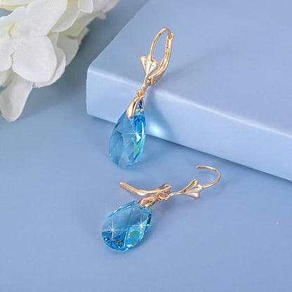 Austrian Crystal Teardrop Leverback Dangle Earrings for Women Fashion 14K Gold Plated Hypoallergenic Jewelry - color: Aquamarine