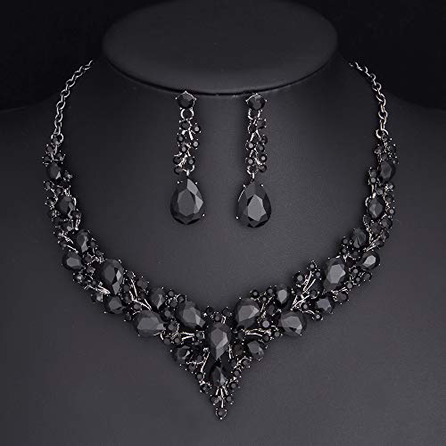 Molie Bridal Austrian Crystal Necklace and Earrings Jewelry Set Gifts fit with Wedding Dress - color: 4Pcs/Set-Black-Black Tone