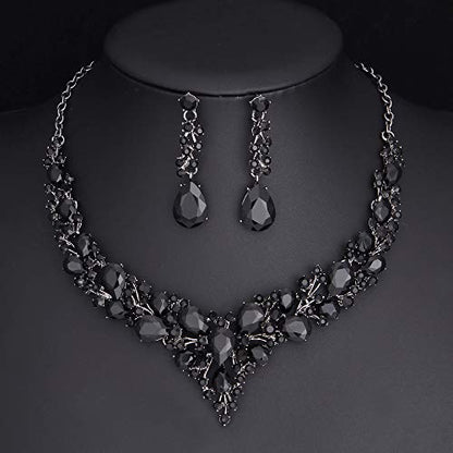 Molie Bridal Austrian Crystal Necklace and Earrings Jewelry Set Gifts fit with Wedding Dress - color: Black-Black tone