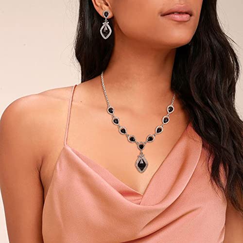 EVER FAITH Bridal Wedding Crystal Marquise Teardrop Pendant Necklace Earrings Bracelet Set for Prom - color: Black Silver-Tone