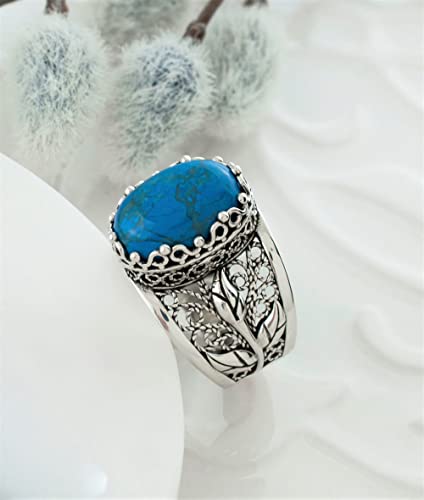 Filigranist 925 Sterling Silver Filigree Art Lace Embroidery Tulip Detailed Gemstone Women Cocktail Ring, Luxurious Gift Boxed - color: Turquoise