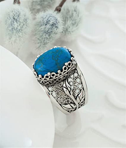 Filigranist 925 Sterling Silver Filigree Art Lace Embroidery Tulip Detailed Gemstone Women Cocktail Ring, Luxurious Gift Boxed - color: Turquoise